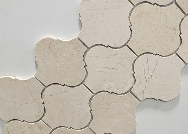 Close-up of marble arabesque mosaic tile available at Balance Flooring in Toronto.