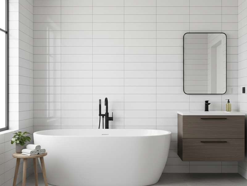 Bevel Bright White Subway Tile [FE01] – 4"x16" Ceramic Wall Tile for Kitchen & Bathroom Backsplash