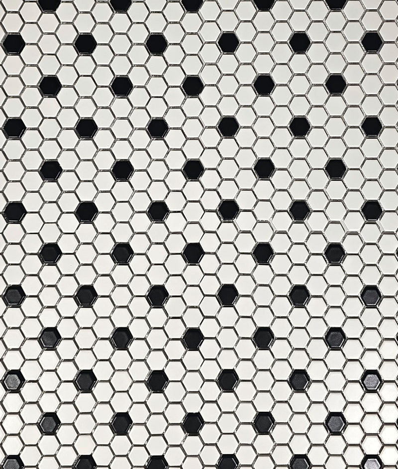 Satin White with Black Dot Hexagon Mosaic Tile – FE05 | 9.09 sq ft (10 Sheets) – $2.99/sq ft