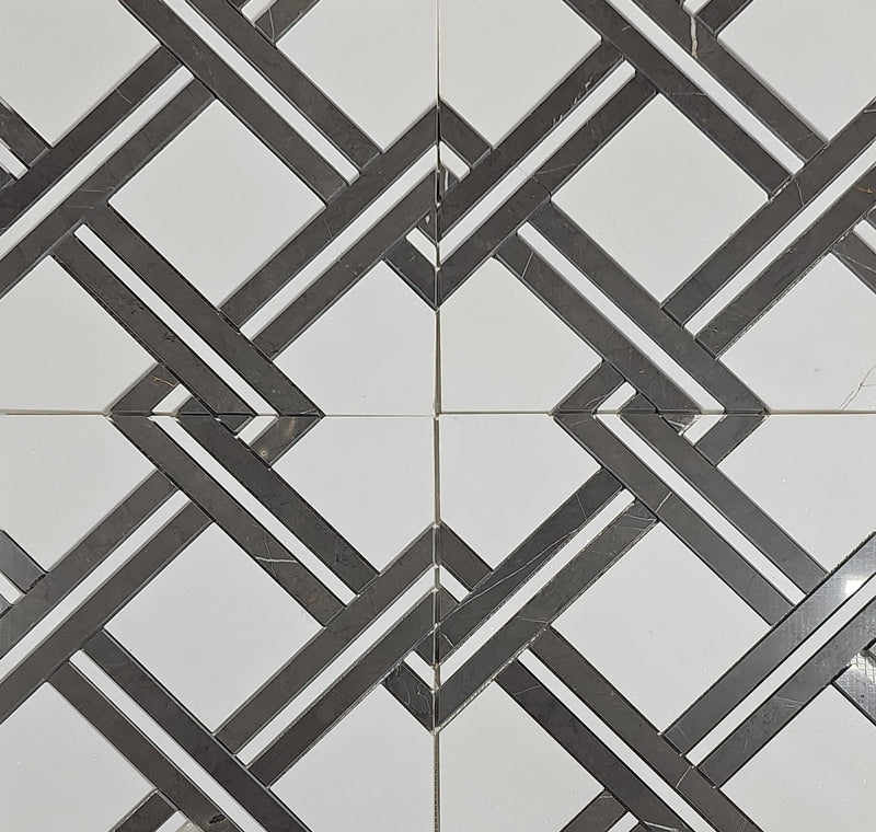 New Rope Marble Mosaic Tile – Greece White + Pietra Grey | Polished Finish | 298 x 298 mm