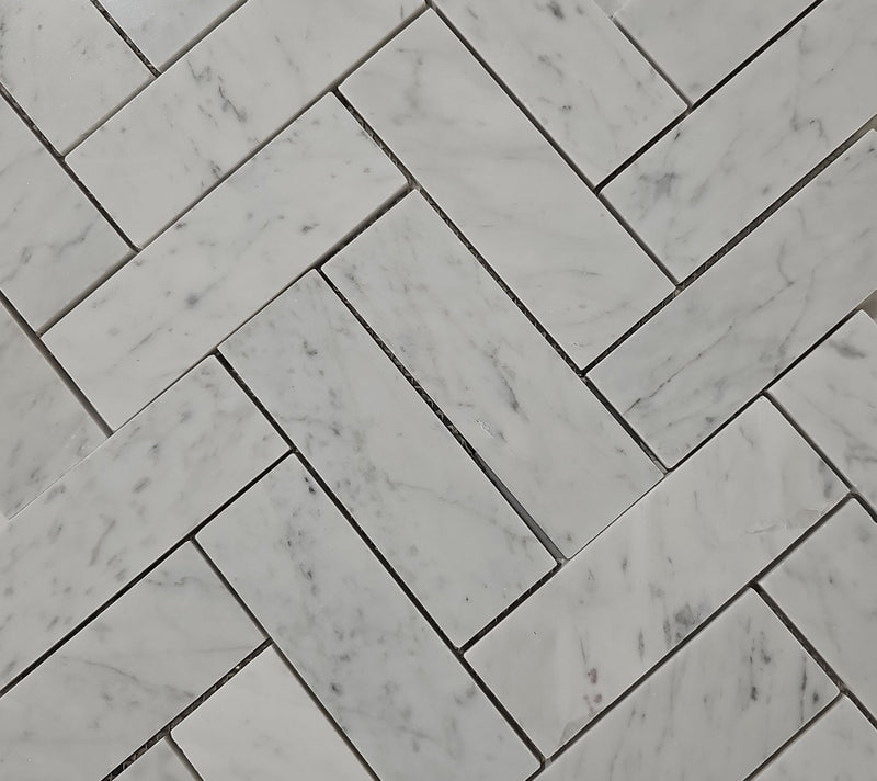 Carrara White Herringbone Mosaic Tile 2x6" – Polished Marble for Walls &amp; Backsplashes