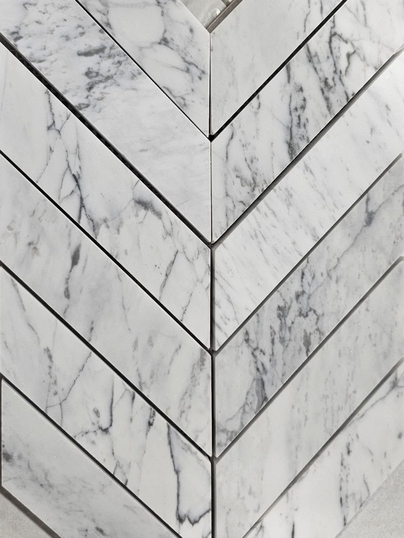 Polished Marble Mosaic Wall Tile – Statuario Chevron Pattern