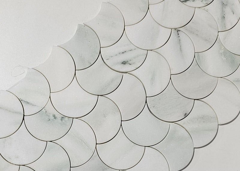 Polished Marble Mosaic Wall Tile – Ming Green Fish Scale (Fan Shape)