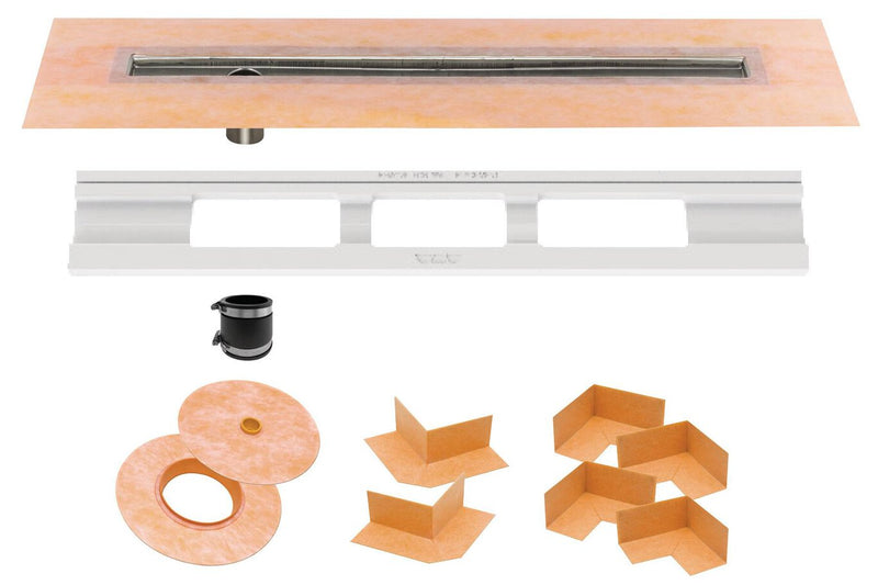 Schluter® KERDI-LINE Linear Drain Channel Body – 32" Offset | Code: KL1VO60E80 | Waterproof Stainless Steel Drain Base | Code: KSLT1000 |